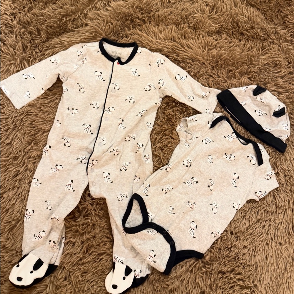 4 Piece Set- 9m Dalmatian Sleeper Onesie Hat. Animal, Dog, Firefighter, Fireman+
